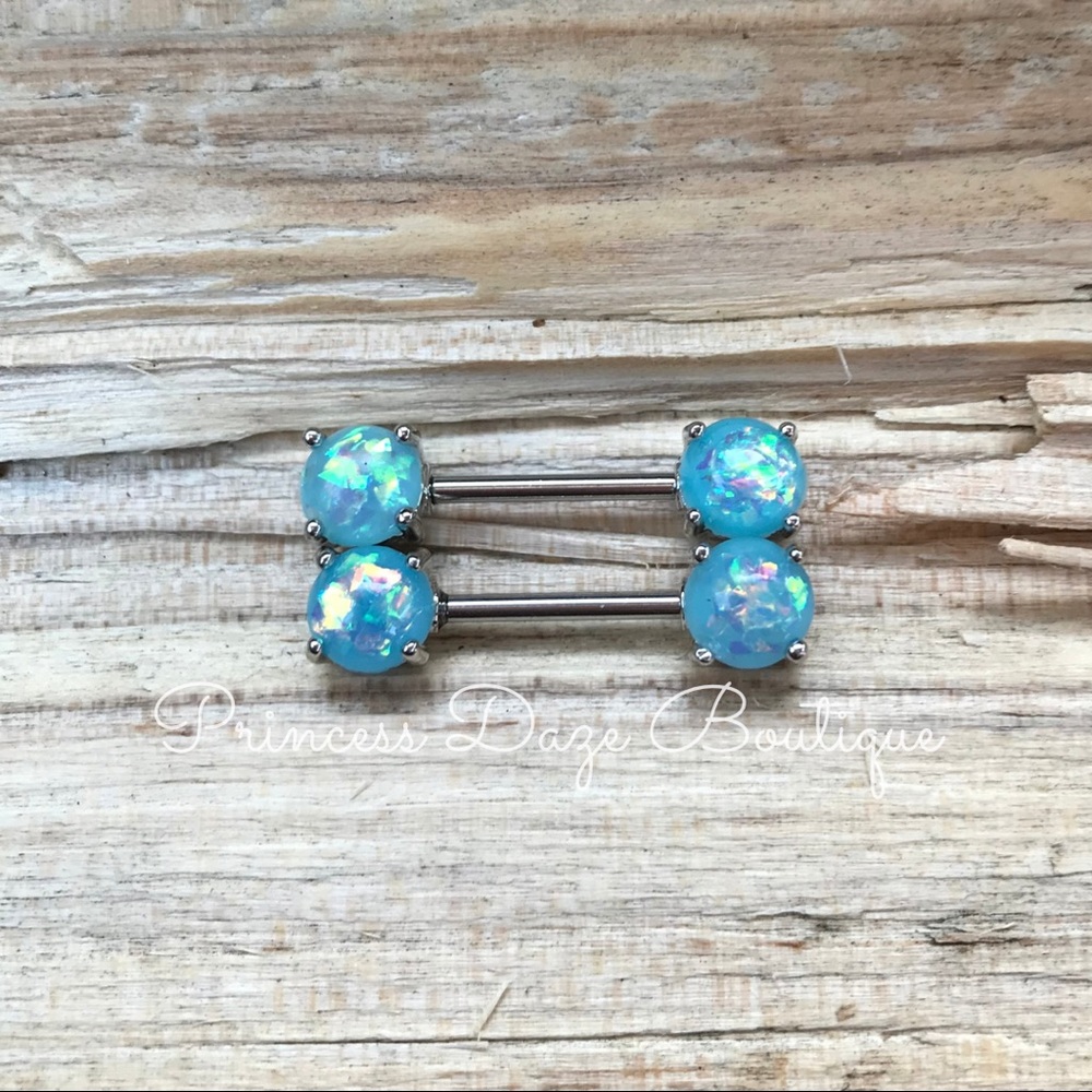 Blue Opal Prong Nipple Ring‎ Set